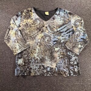 Y2K Jess & Jane USA Womens L Blue Paisley Abstract Print V-Neck 3/4 Sleeve Top